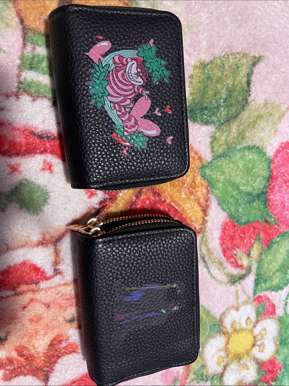 Black Zip Wallets with Pink Cheshire Cat Print and Maleficent